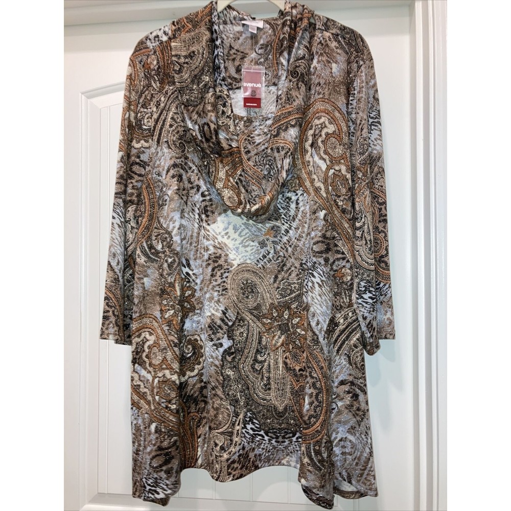 NWT Avenue Paisley Browns Shirt Metallic Thread Detachable Scarf SZ 22/24 Boho